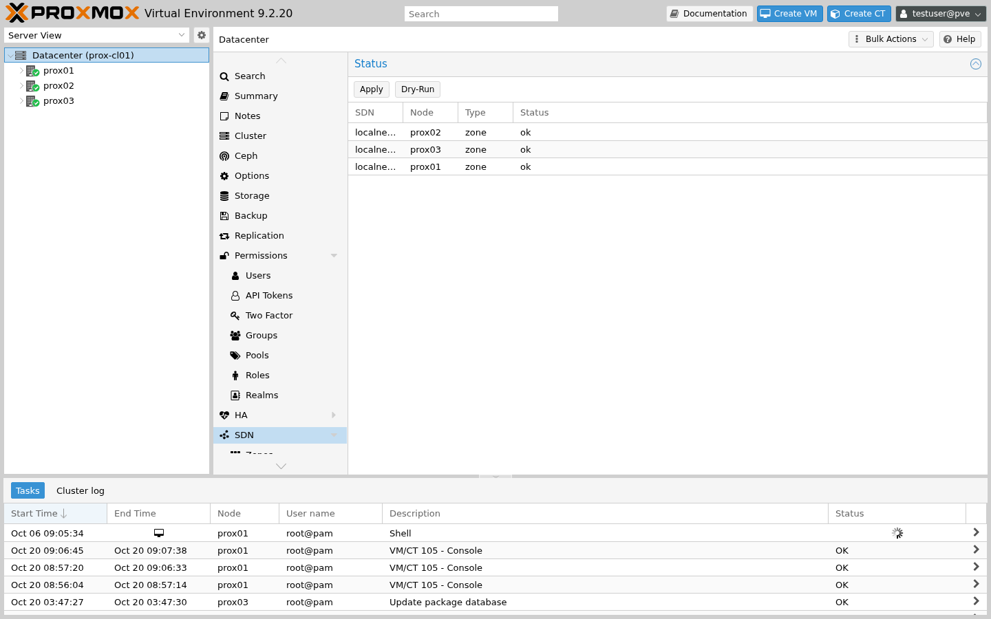 Datacenter → SDN mit einer Zone und einem VNet