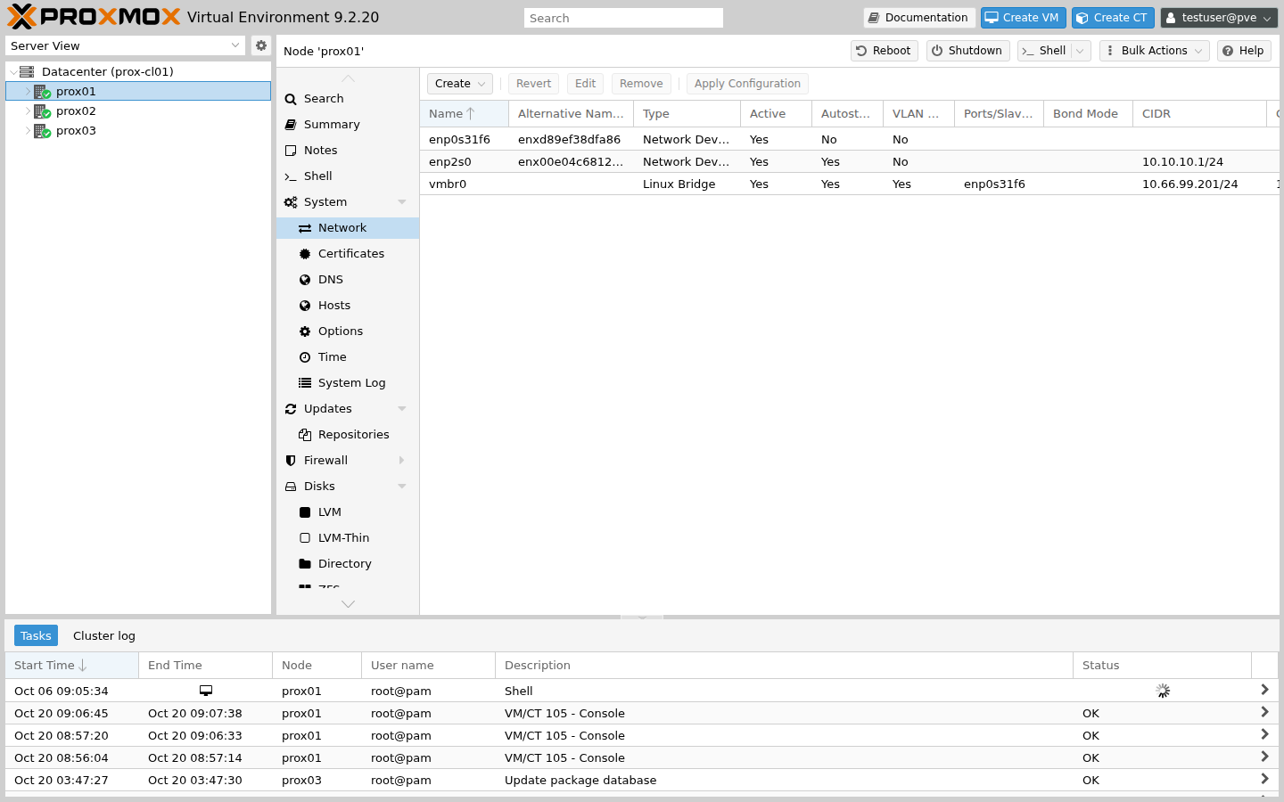 System → Network auf einem Proxmox-Knoten mit vmbr0 und Bond